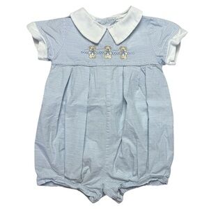 Vintage Alexis Embroidered Teddy Bear Bubble Romper Blue White 9 Mons